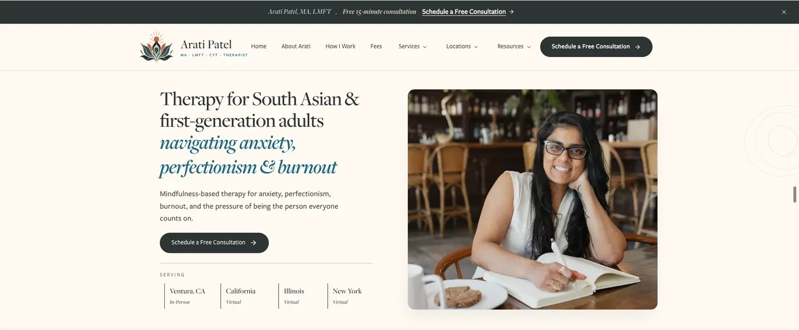 Arati Patel’s website with warm ivory tones, expressive serif typography and a welcoming portrait.