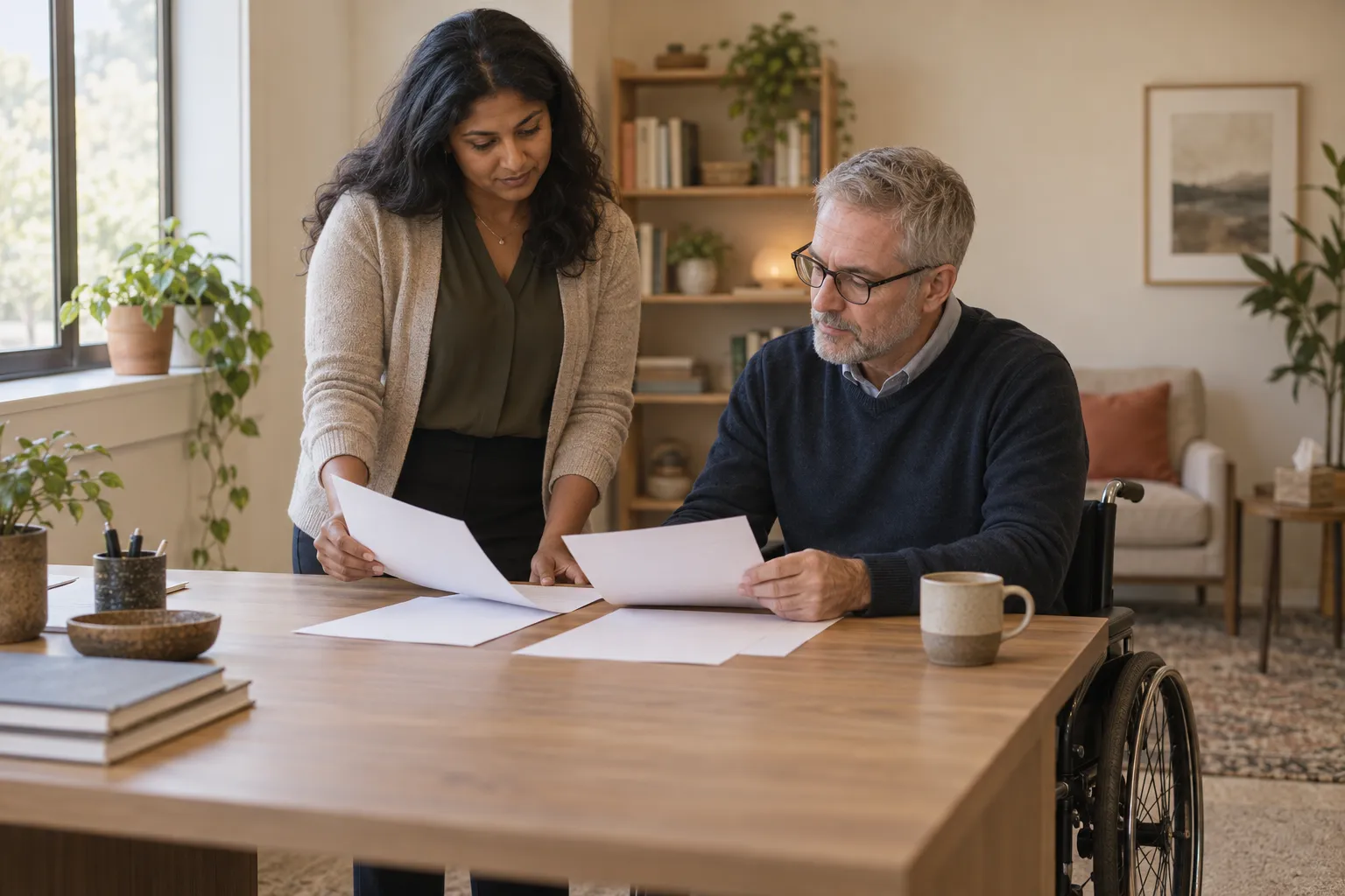 Two clinicians reviewing printed pages together at a shared desk