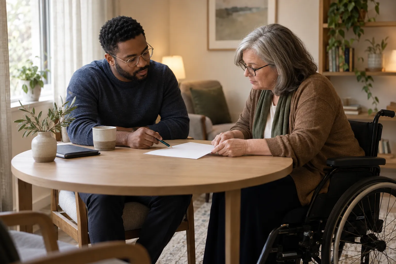 Two therapists reviewing a printed page of search queries together at a table