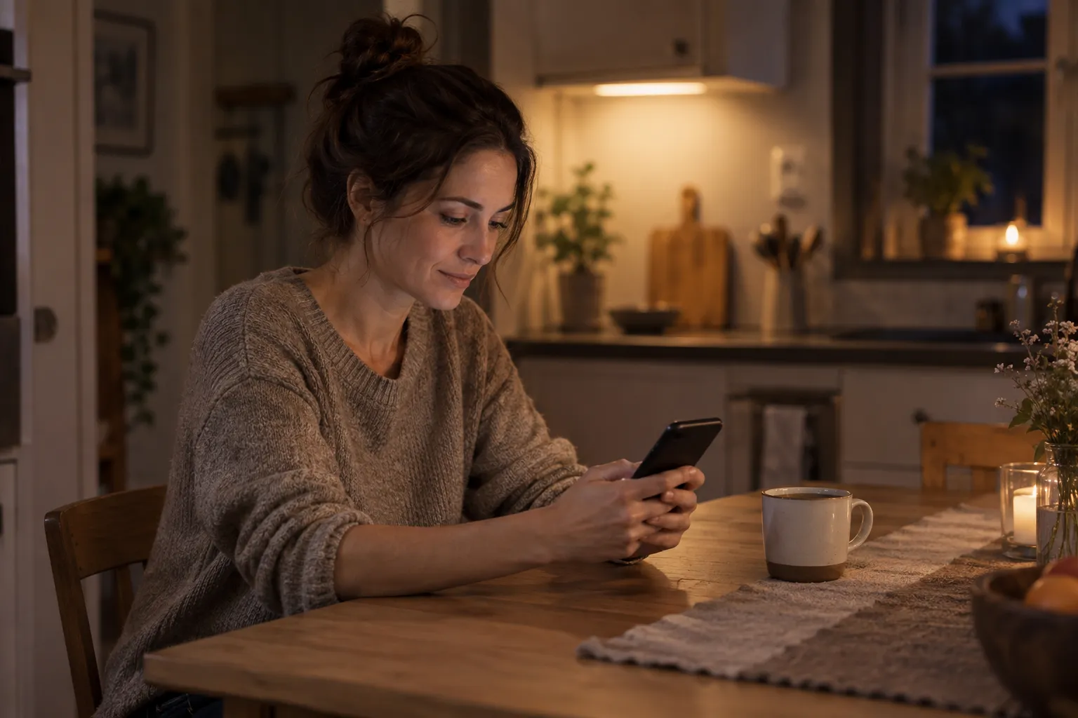 A woman reading on her phone at a kitchen table in the evening