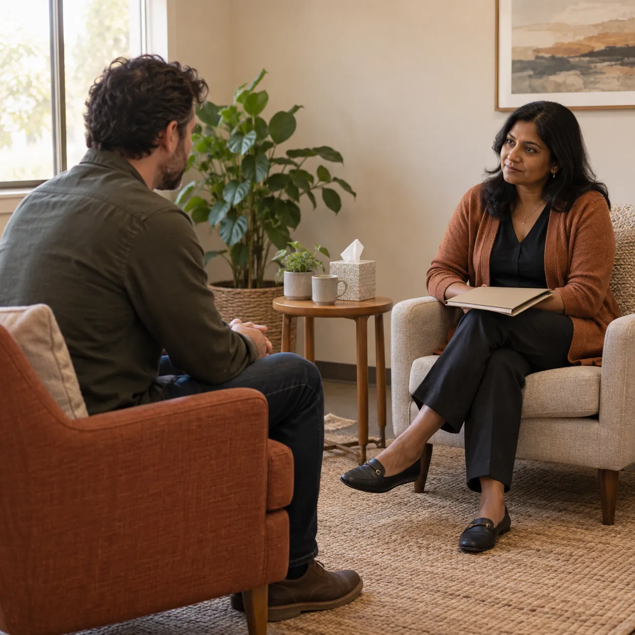 Therapist and client at the start of a first session in a small office